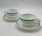 Vintage Pyrex Tableware Cup & Saucer Blue/Teal  Band Stripe Milk glass Set of 2