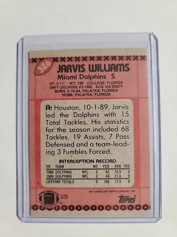 1990 Topps #326 Dolphins Jarvis Williams  Football Card NM - Image 2 of 2