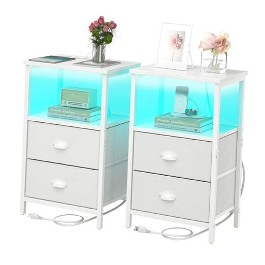LED Nightstand with Charging Station - Set of 2 Bedside Tables-image