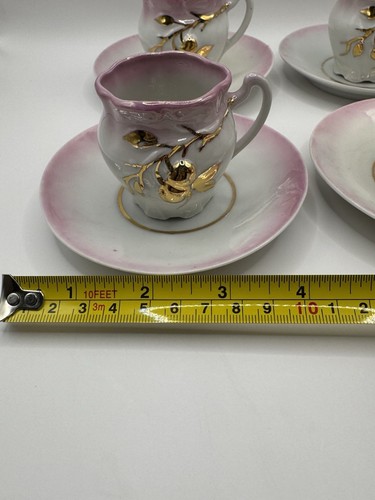 Antique Porcelain Demitasse Cups & Saucers Set of 4 Pink & Gold Hand Painted - Picture 7 of 14