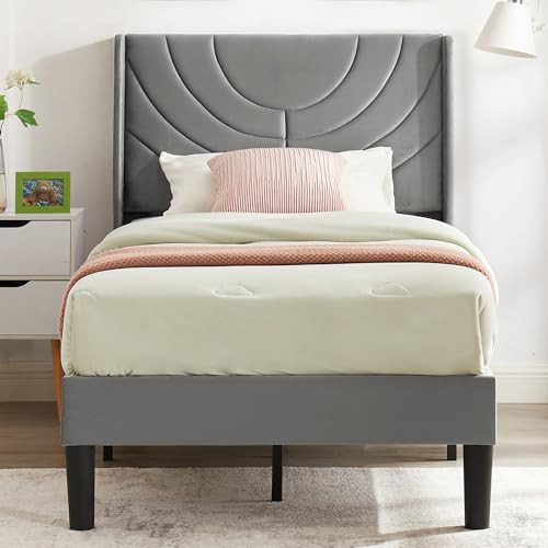 Twin Upholstered Platform Bed with Fabric Headboard and Wooden Slats  