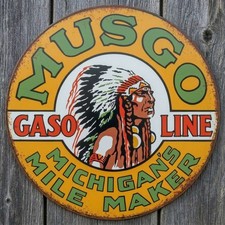Musgo Gasoline 12" Diameter Vintage Novelty Metal Sign Made In USA