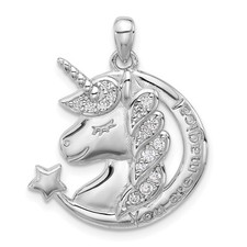 Sterling Silver Polished Cubic Zirconia Unicorn YOU ARE MAGICAL Pendant
