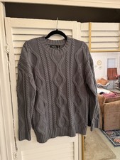 Women  s Blue Gray Cable-Knit Pullover Crew Neck Long Sleeve Sweater