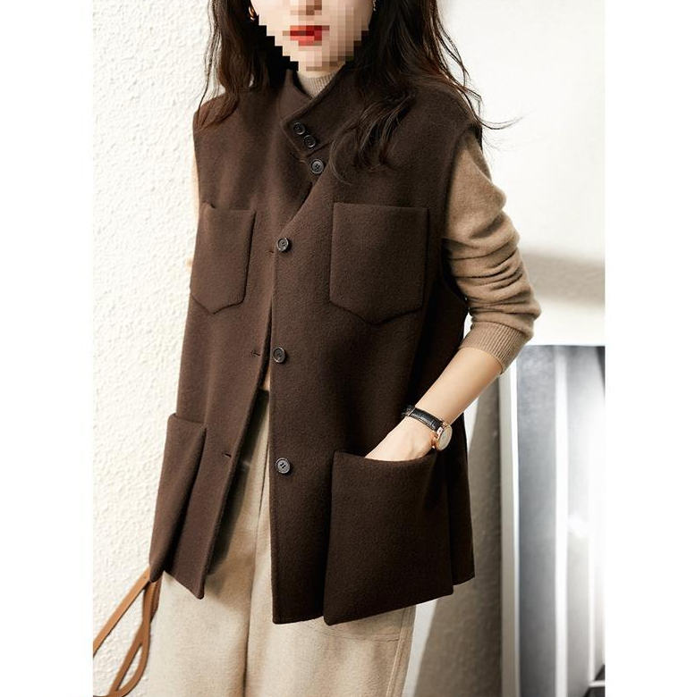 Fall Winter Women's Wool blend Vest Casual Pocket Jacket Button Work Waistcoat