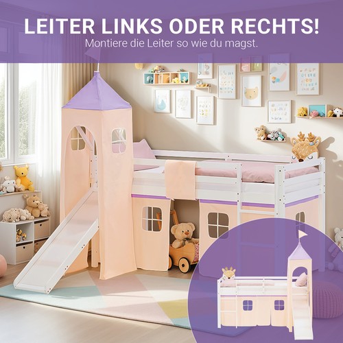 Hochbett 90x200 Kinderbett mit Rutsche Turm Bett Kinder Vorhang Lila Homestyle4u - Bild 6 von 12