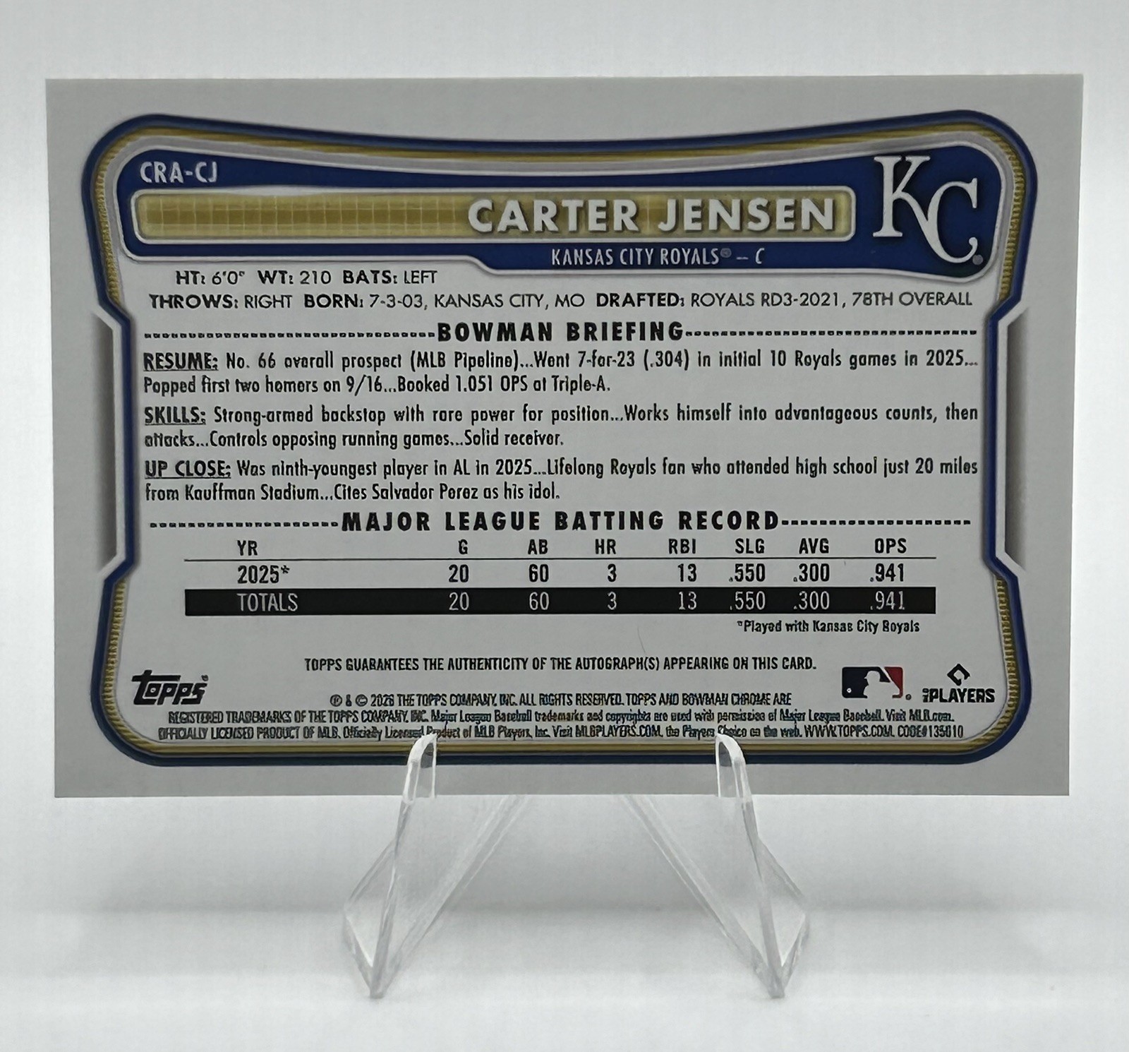 2026 Bowman Chrome Baseball Carter Jensen RC Auto #CRA-CJ Kansas City Royals view 2