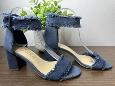 Sole Society Size 7 Denim Heels Open Toe Heels Fringe Ankle Strap Blue Jean