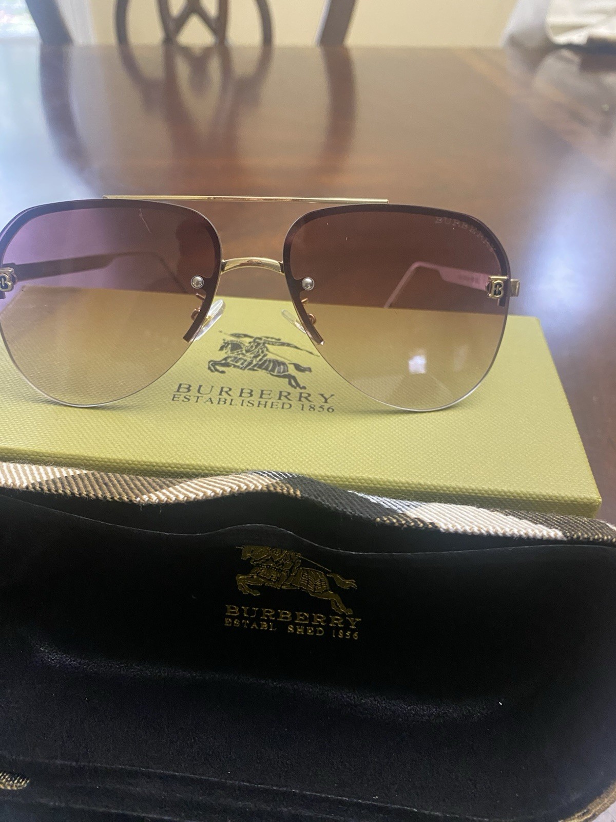 Burberry Sunglasses Hard Case. Aviator Style. Brown Hard Case with Cloth & Box thumbnail 6