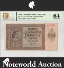 Croatia 1000 Kuna 1941 P 4a Lovro Susic UNC TQG 64 WITH HARD CASE NR No Reserve