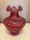 VINTAGE FENTON CRANBERRY GLASS COIN DOT LARGE VASE RUFFLED CRIMPED RIM 12" x 9"