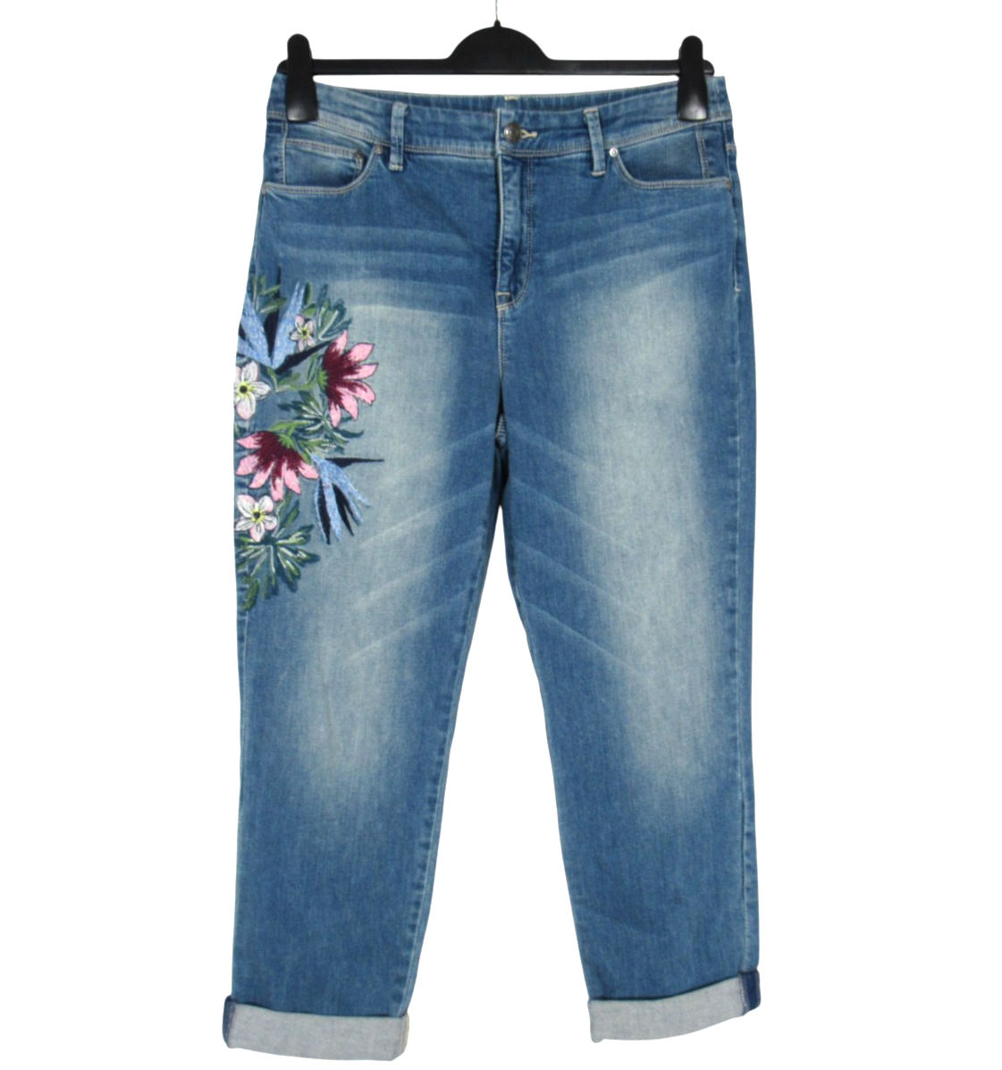 CHICO'S SO SLIMMING Floral Embroidered GIRLFRIEND CROP Denim Jeans Sz 1/US 8