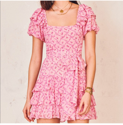 Love Shack Fancy Kimbra Silk Tiered Belted Bows Ruffles Dress Size 0 E