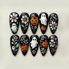 30pcs Halloween Press On Nails Medium Almond Fake Nails With Cute Ghosts Design