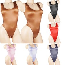 Women's Crotchless Bodysuit Silky Shiny Jumpsuit Thong Leotard Tank Top Catsuit