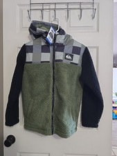 NWT Quicksilver Sherpa Jacket Youth Unisex Sz L 14/16 Full Zip Black Gray Green