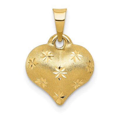 14k Gelbgold poliert & Satin Diamantschliff 3-D gepufftes Herz Anhänger für Mutter