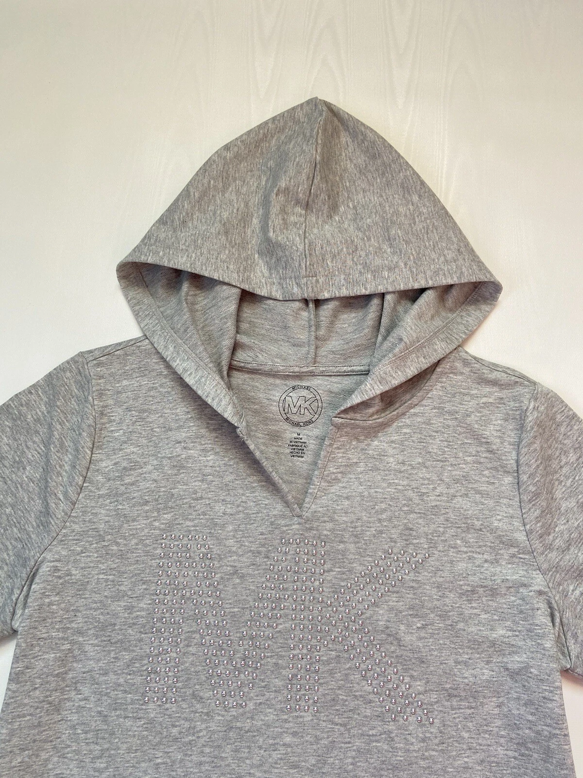 Nuovo abito con cappuccio con cappuccio con logo Michael Kors MK grigio manica corta taglia M nuovo con etichette