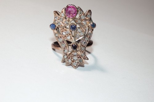 Antique Georgian Victorian 9k Rose Gold Diamond Ruby Sapphire Giardinetti Ring - Picture 12 of 20