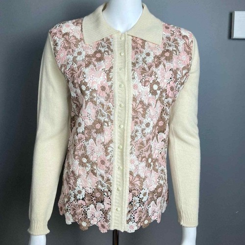 N.Peal London Cashmere cardigan sweater Medium 44 lace applique minimalist
