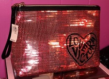 Victoria's Secret "LOVE VICTORIA" Sequin Cosmetic Bag Pink Striped Bling NEW 