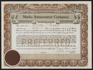1930 Minnesota: Marks Amusement Company Stock Certificate