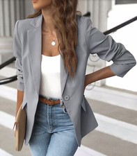 Women Elegant Solid Lapel Gray Blazer, Open Front, Long Sleeve Work Office Sm.