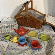 Vintage Children s Porcelain Tea Set In Wicker Picnic Basket- Multi-Color Polka