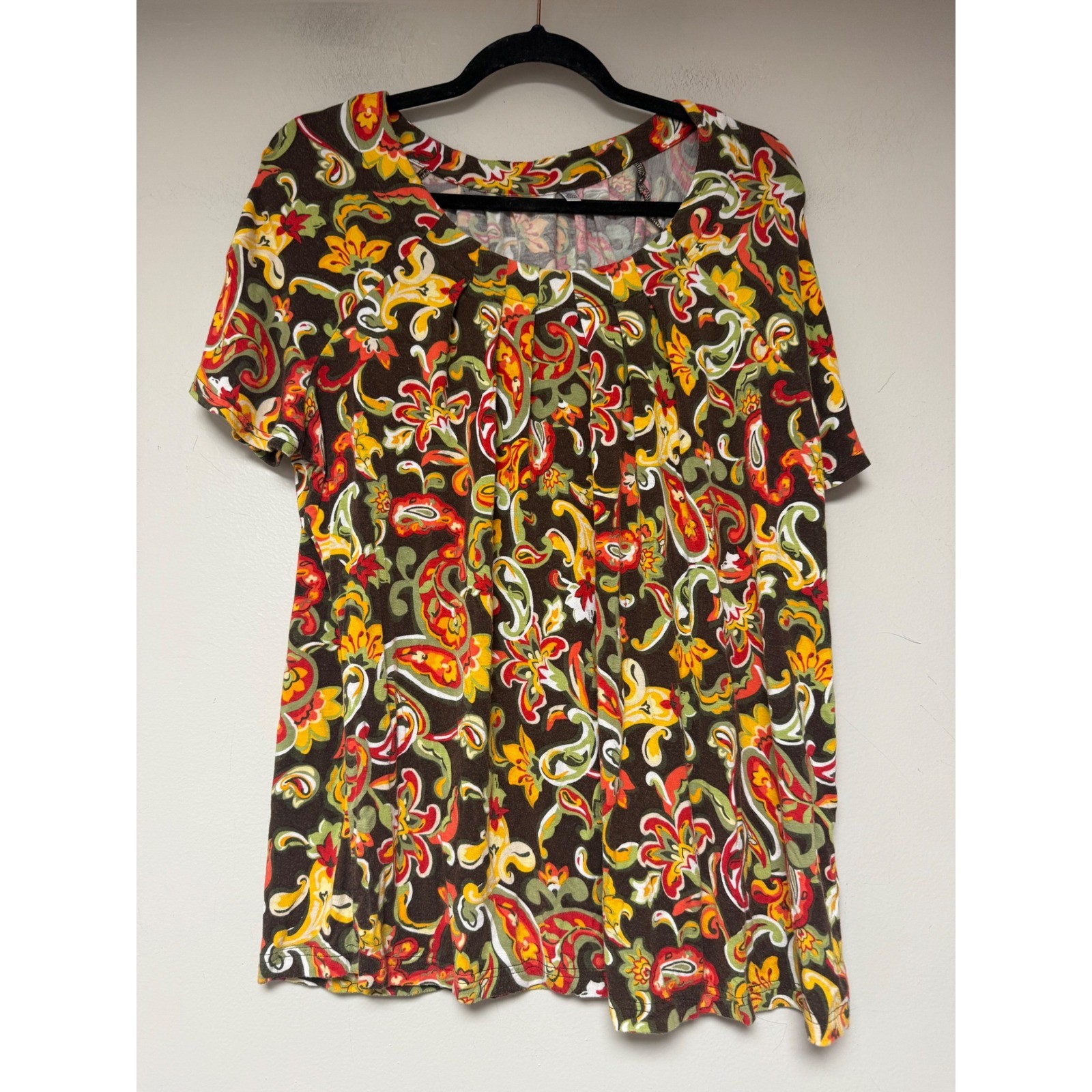 Croft & Barrow Womens XL Brown Paisley Floral Pleated Scoop Neck Knit Top 8022
