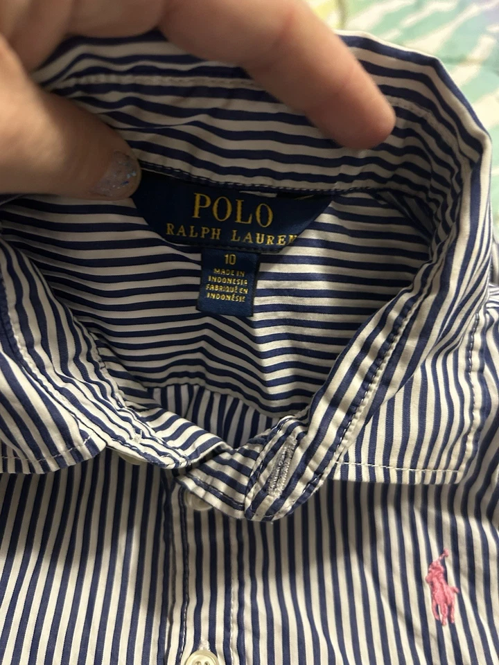 Polo Ralph Lauren Girls Size 10 Blue Striped Button-Down Shirt Dress Box 8 - Image 2 of 4