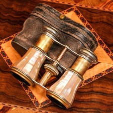 Lovely Antique Mother of Pearl Inlaid Opera Glasses Binoculars Leather Case
