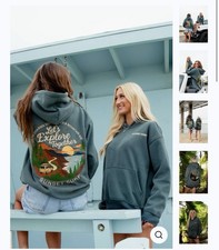 Sunset Surf Women's Green Pullover Hoodie Graphic Print Adventure Long Sleeve