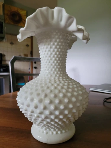 FENTON LARGE MILK GLASS RUFFLED HOBNAIL VASE 10 3/4 INCHES