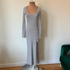 Reformation Lemon Gray Ribbed Bell Sleeves High Split Bodycon Maxi Dress EUC S
