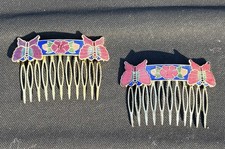 Vintage Cloisonn  Butterfly  Flower Gold Tone Hair Combs Set Pair