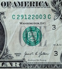 2021 $1 bill fancy serial, birthday date note December 29, 2003. C 29122003 C