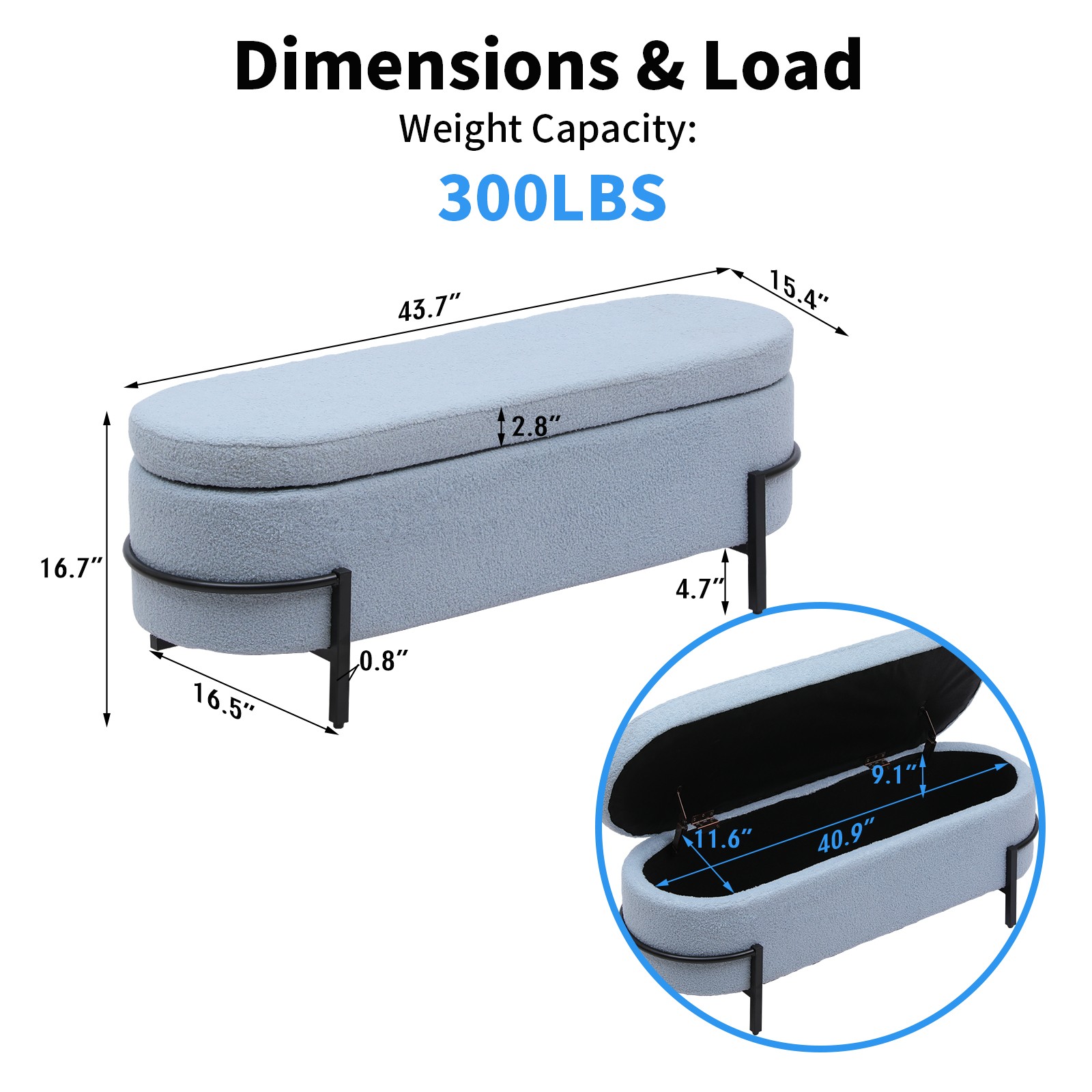 Storage Ottoman End of Bed Bench Upholstered Benches with Metal Legs Blue