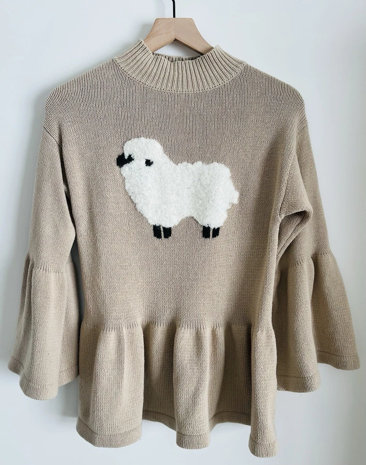 Suéter WILDFOX Etiqueta Blanca Para Mujer Beige Oveja Granja Gran Tamaño Manga Campana XS S Foto 2 de 4