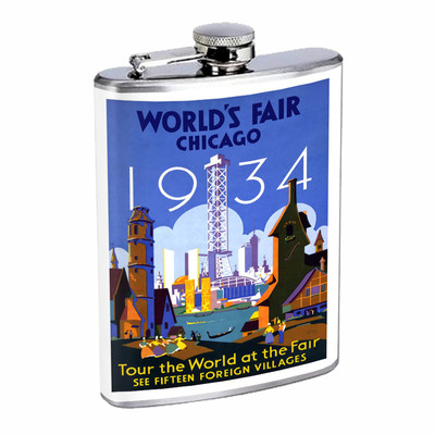 World's Fair Chicago Poster D1 Flask 8oz Stainless Steel Hip Drinking Whiskey
