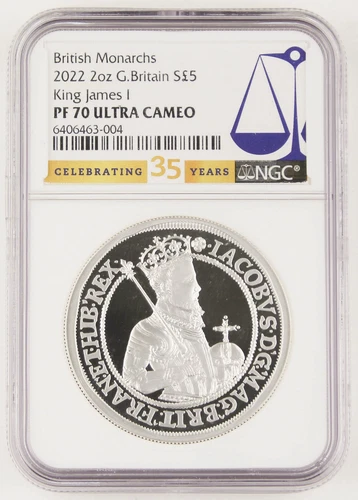 Great Britain UK 2022 2 Oz Silver 5 Pound Coin NGC PF70 British Monarchs James I