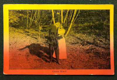 GUESS WHO? Romance Lovers Kissing Cute Couple Fashion Postcard Vintage 1912