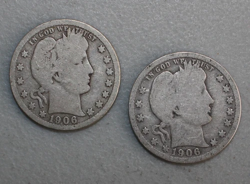 1906 Silver Barber Quarters 25c US Type Coin Lot of TWO (2) Good Circulated
