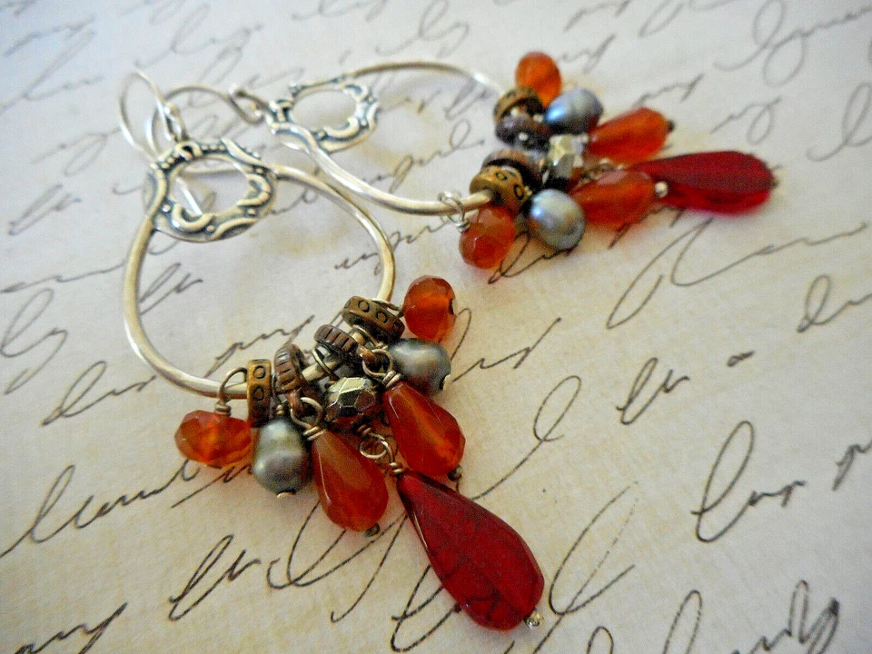 W2420 Sterling Copper Silpada Red Radiate Glass Pearl Pyrite Earrings RE39 - Image 4 of 4