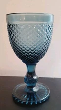 Set Of 12 Diamond Embossed Patterned Teal Blue Glass Wine Or Water Goblets