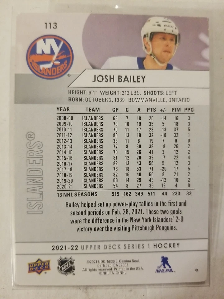2022-23 Upper Deck Series 1 Base #113 Josh Bailey - New York Islanders - Image 2 of 2