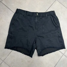 Aeria Shorts Women Medium Dark Green Chambray Elastic Waist Fringe Summer 