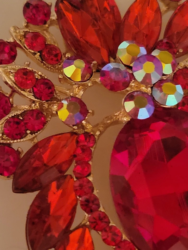 Enorme broche broche flor estrás vidrio rojo impresionante vacaciones de 4" CA EE. UU. E33 Foto 3 de 4