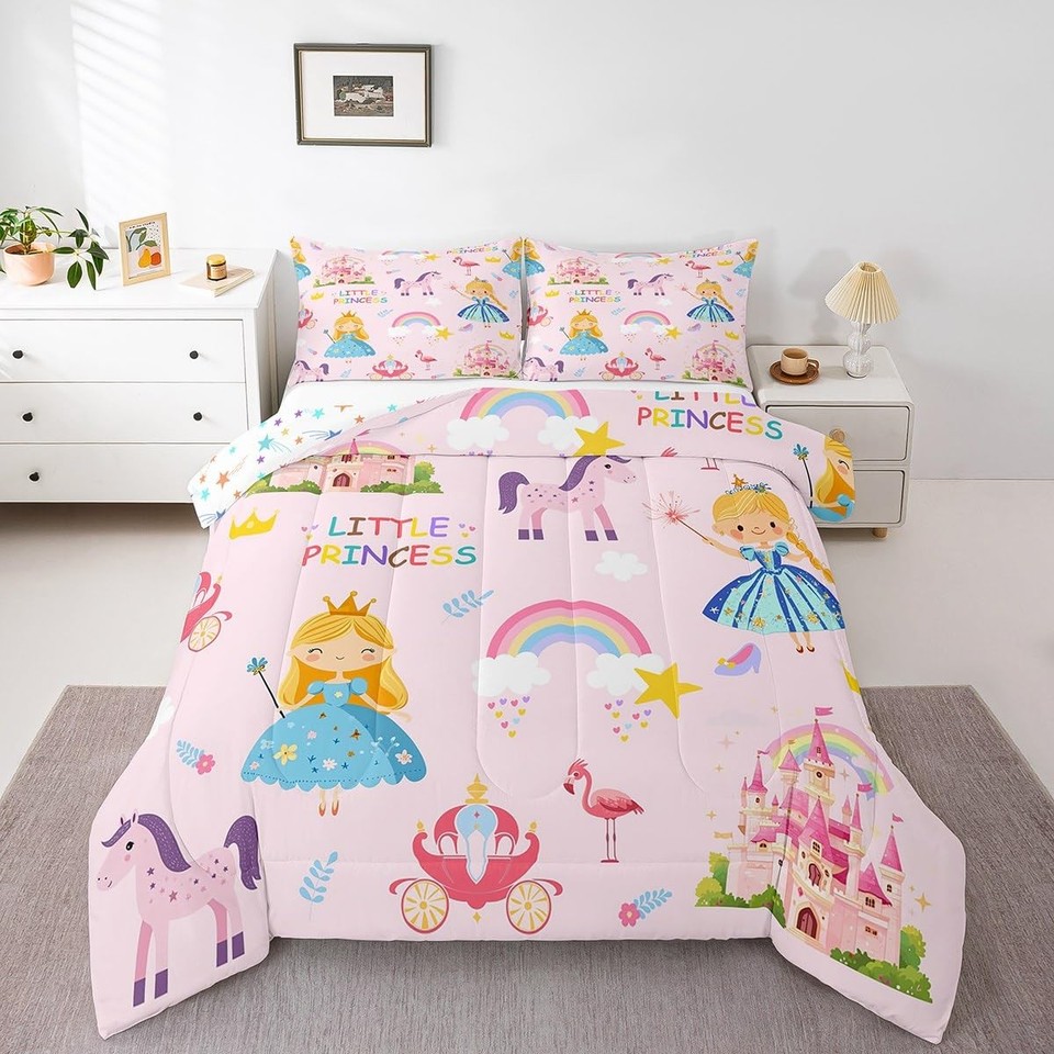 Fairytale Princess Comforter Set Queen Size, Pink Dreamy Castle Unicorn ...