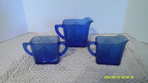 Hazel Atlas Depression Glass Cobalt Blue Chevron Pitcher, Sugar & Creamer Set