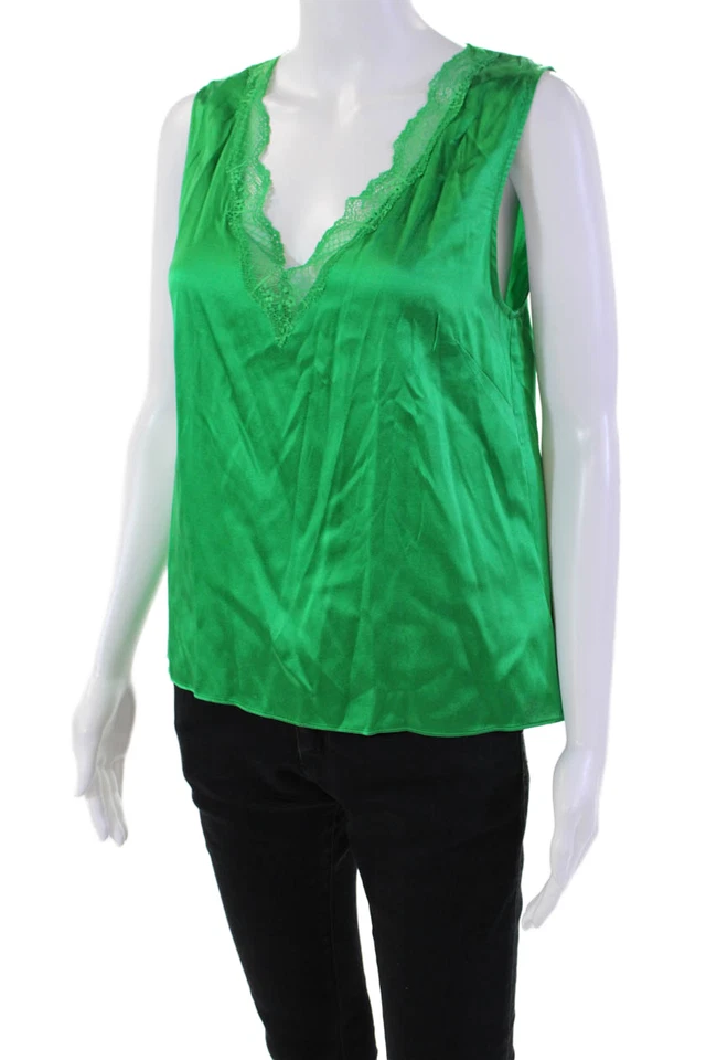 Generation Love Womens Silk Lace Trim V-Neck Tank Top Blouse Green Size S - Image 2 of 4